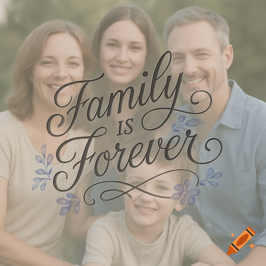 A smiling family of four with the words 'Family is Forever' overlaid in decorative script.