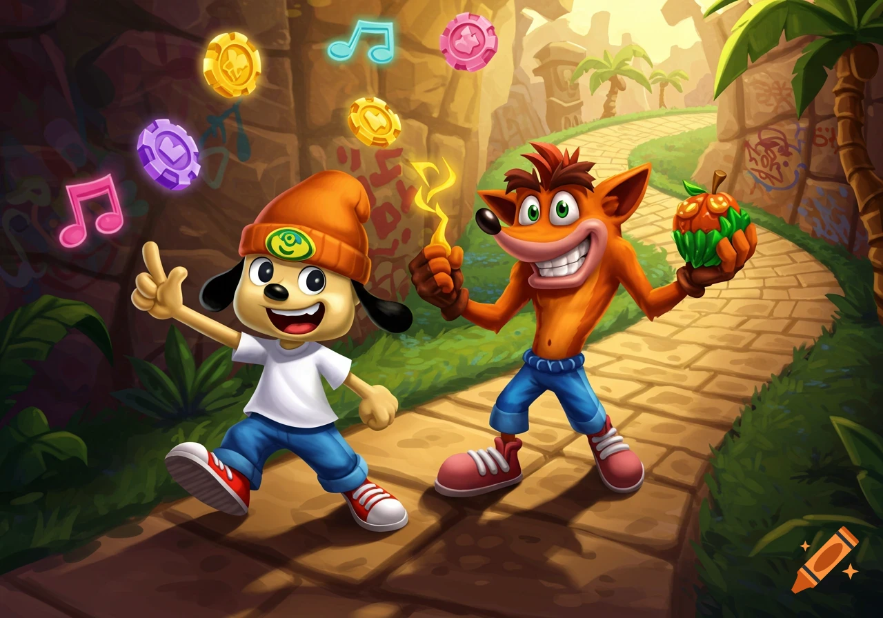 Parappa the Rapper and Crash Bandicoot on a path, Parappa juggling tokens, Crash holding fruit, in a vibrant cartoon style.