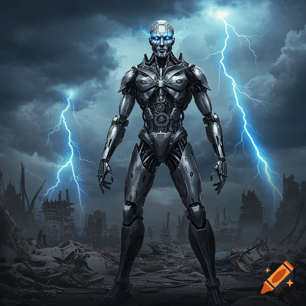 A powerful metallic robot with glowing blue eyes stands amidst a destroyed city under a stormy sky with bright blue lightning.