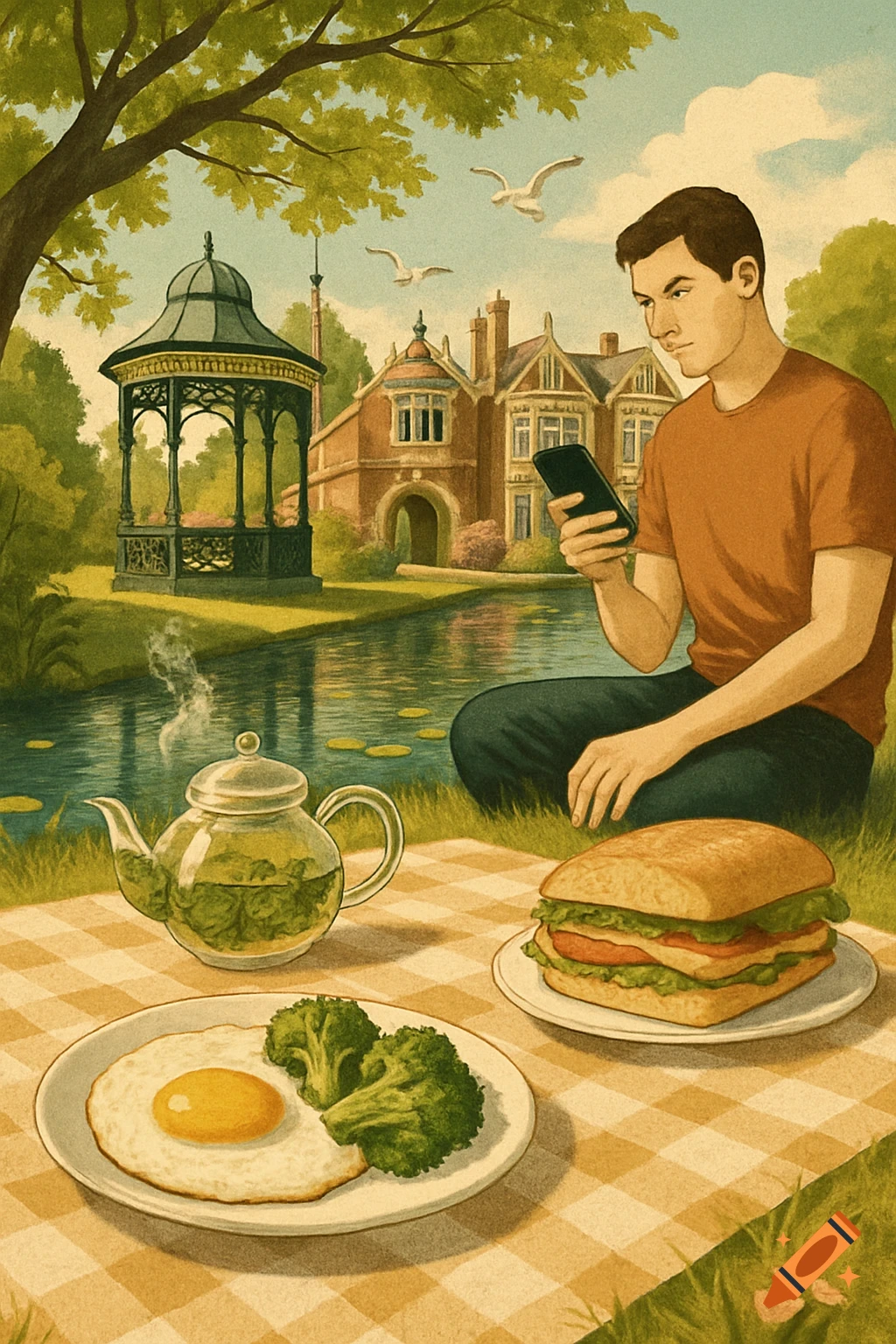 An illustration of a man sitting on a picnic blanket by a pond, looking at his phone, with a teapot, fried egg, broccoli, and sandwich in the foreground. A gazebo and manor house are in the background.