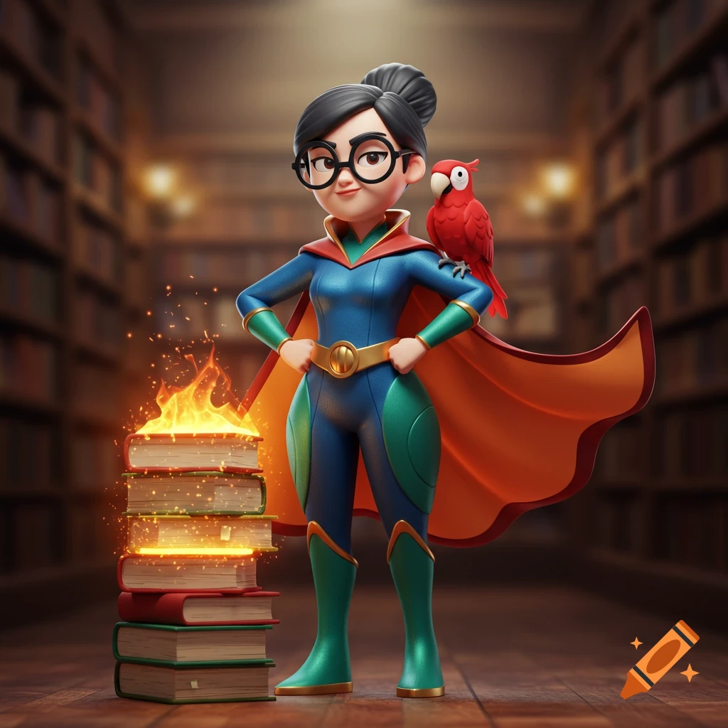 3D cartoon of a superhero librarian with a red parrot on her shoulder, standing in a library next to a stack of glowing books.