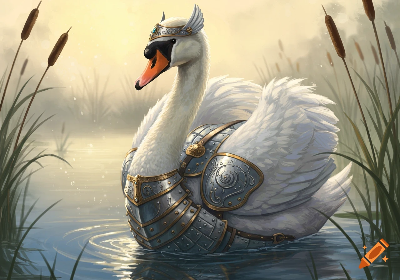 A white swan adorned in ornate silver and gold armor and a crown-like headpiece, floating in a misty, reedy lake at sunrise.
