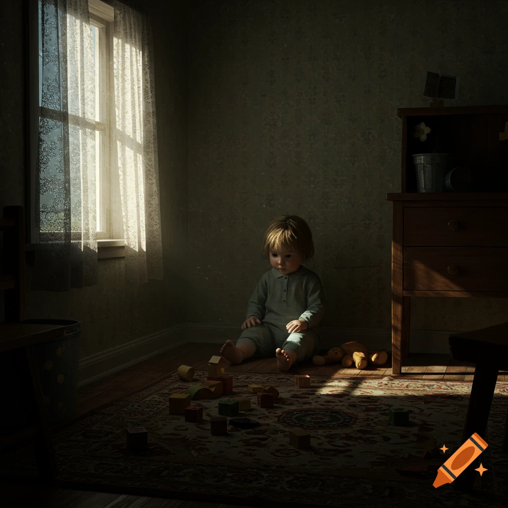 A photorealistic image of a toddler sitting on a rug, playing with wooden blocks in a dimly lit room, with sunlight streaming through a window.