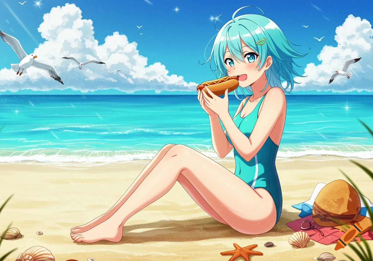 An anime girl with blue hair in a swimsuit sits on a sunny beach, eating a hot dog with the ocean and seagulls in the background.