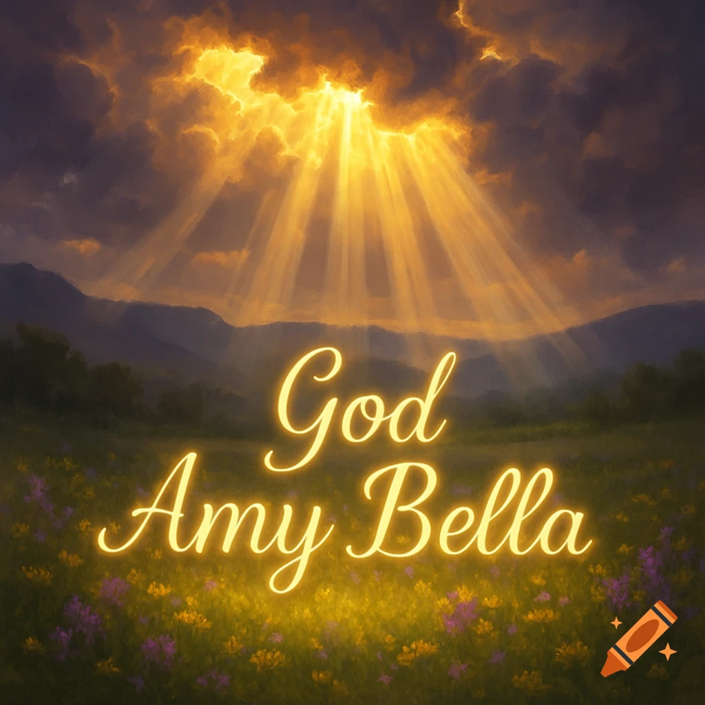 Golden light beams through dark clouds over a green field with mountains in the distance, with the words 'God Amy Bella' glowing in the foreground.