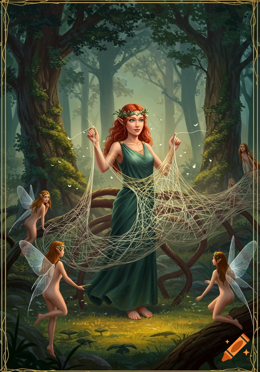 A red-haired elf-like woman, Arachne, in a green dress weaves a delicate white web in a lush forest, surrounded by small nude nymphs with fairy wings watching her.