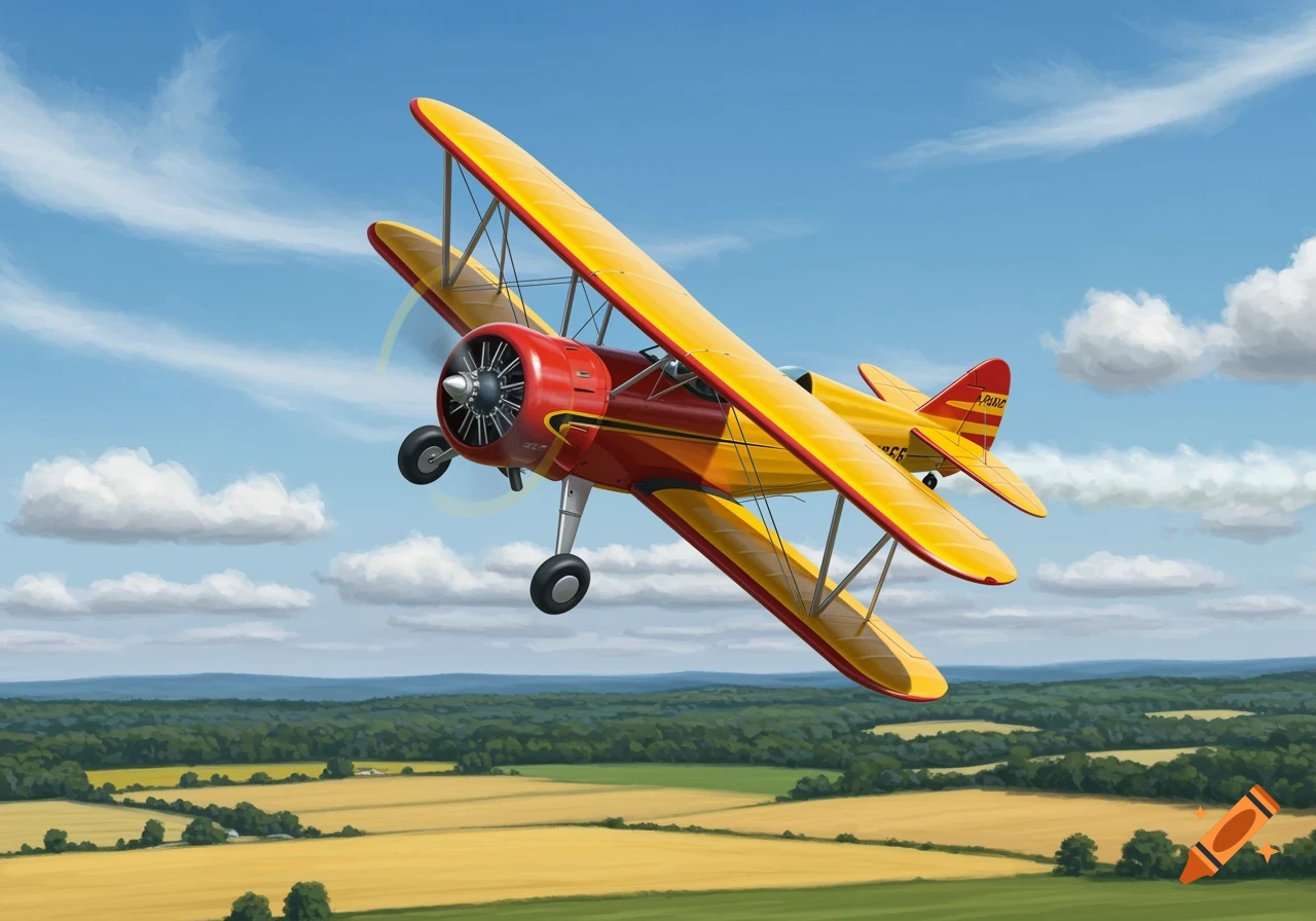 A vibrant yellow and red biplane flies across a blue sky with scattered clouds over green and yellow fields.