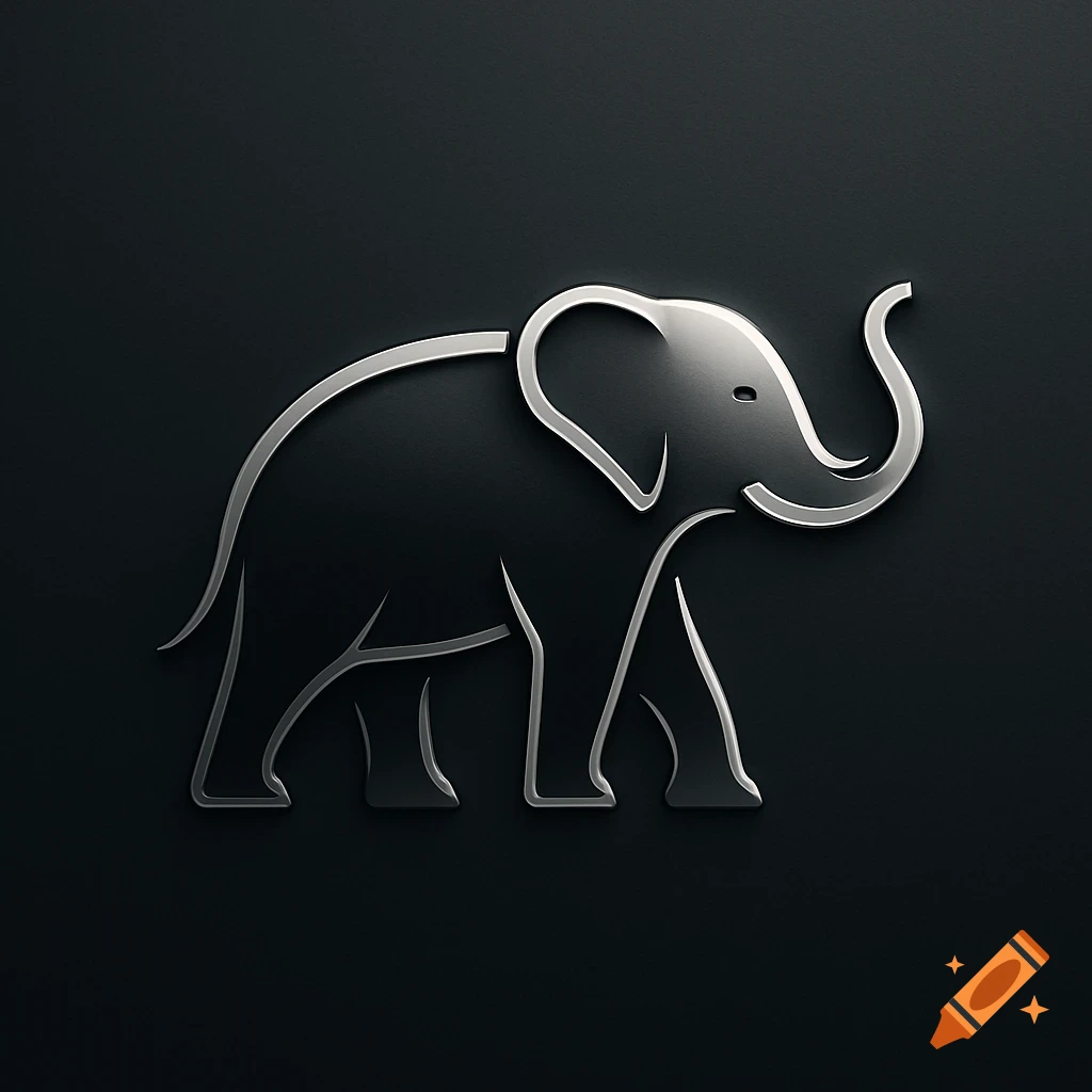 A shiny silver metallic outline of an elephant against a dark background, designed as a logo.