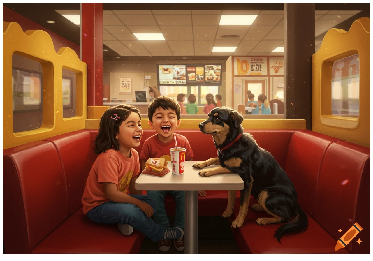 Two happy children and a black and tan dog sitting in a red booth at a McDonald's restaurant.