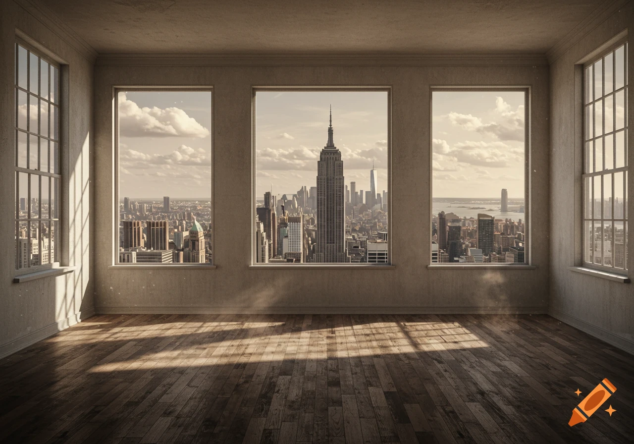 An empty room with large windows overlooking a bustling city skyline, featuring the Empire State Building.