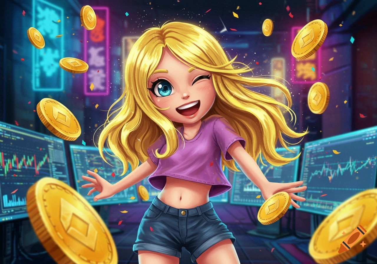 Cartoon blonde girl winks and smiles amidst falling gold coins, with neon lights and trading charts in the background.