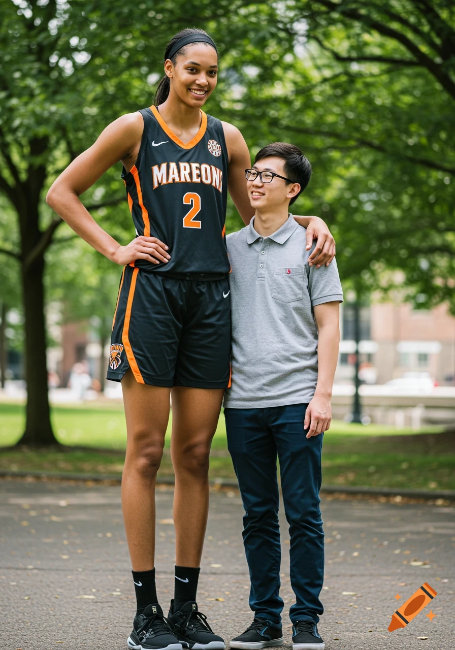 A tall Black woman in a black and orange basketball uniform stands with her arm around a shorter Asian man, smiling in a park.