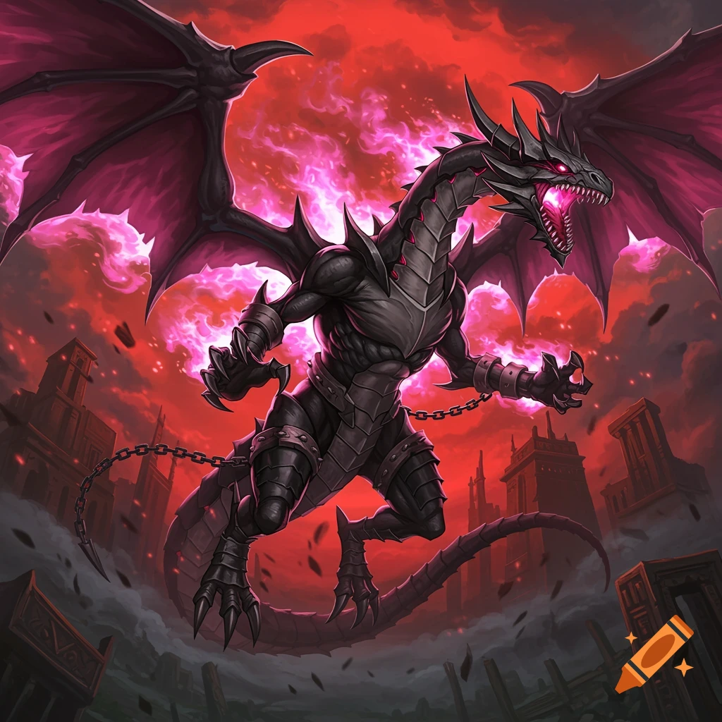 A black dragon monster with red eyes and pink fire flying over ancient city ruins under a fiery red sky.