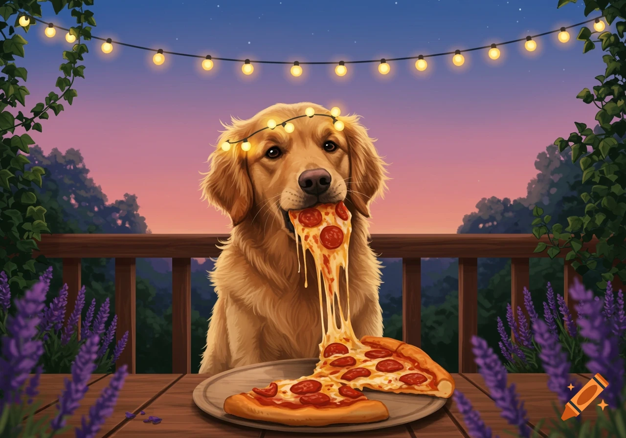 A golden retriever dog with string lights on its head eats a slice of pepperoni pizza on a wooden deck at dusk with lavender flowers.