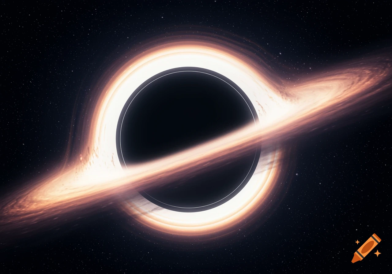 A vivid depiction of a black hole with a bright, orange and white glowing accretion disk against a field of stars.