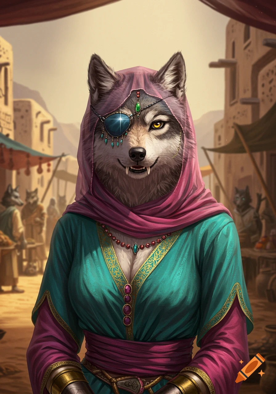 An anthropomorphic wolf lady in a pink headscarf, teal dress, and jeweled eyepatch, standing in a desert market.