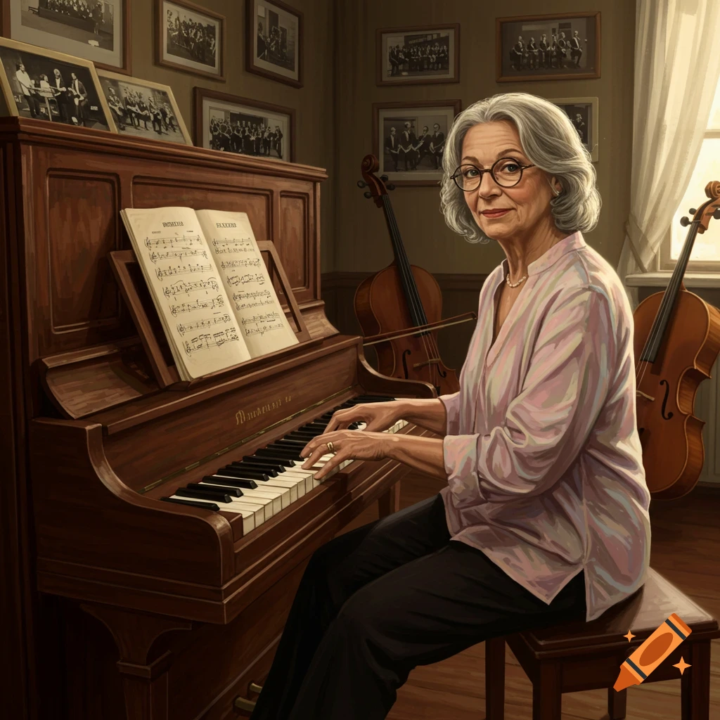 An older woman with grey hair and glasses sits at a brown upright piano, playing sheet music. Two cellos stand in the background.