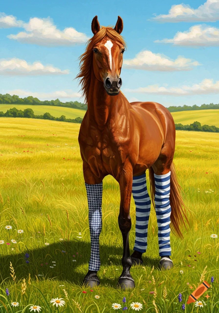A brown horse wearing checkered and striped leg coverings stands in a grassy field under a blue sky.