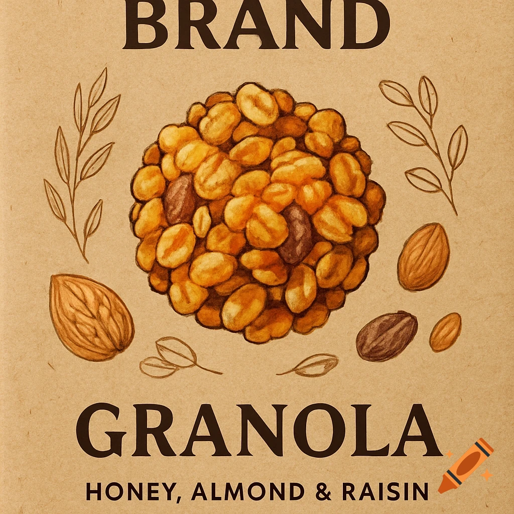 Granola packaging design with illustrated granola, almonds, raisins, and text on a brown paper background.