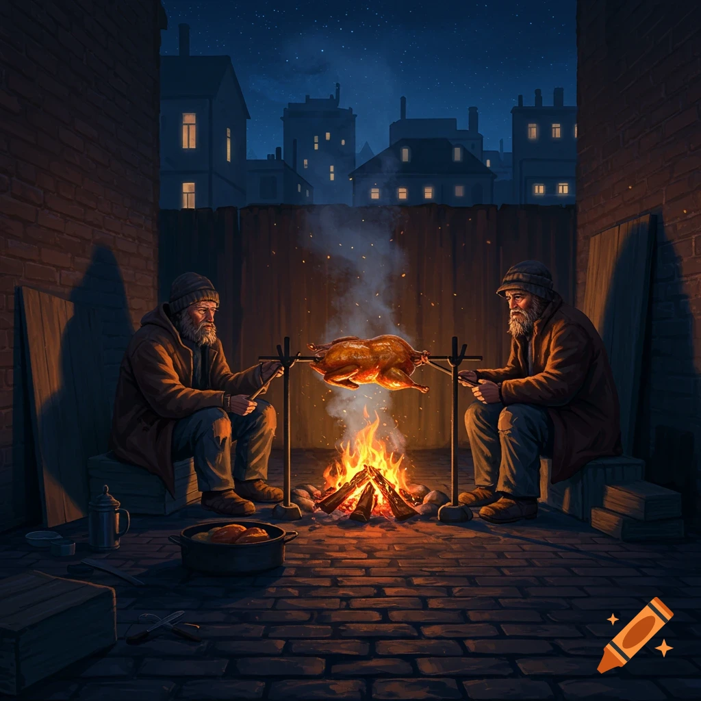 Two men cook a goose over an open fire in a dark urban alley at night.