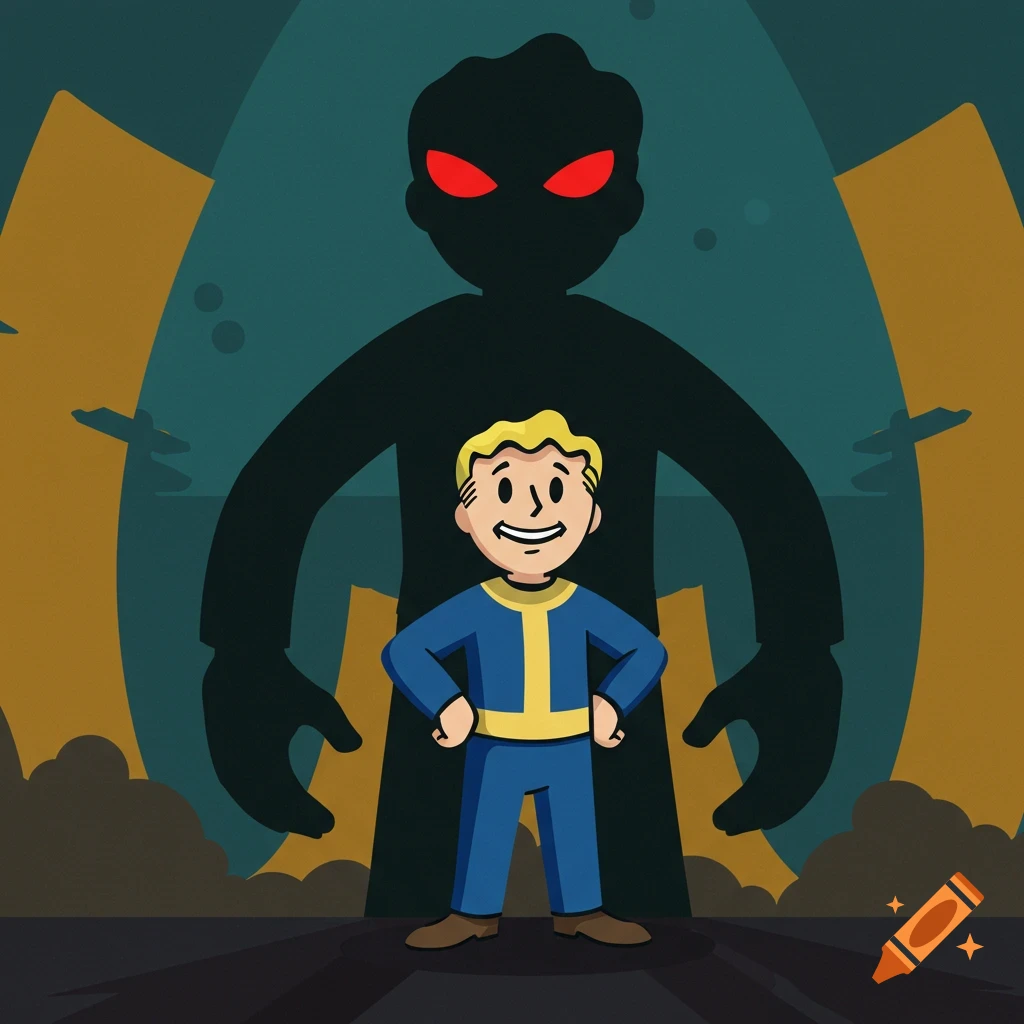 Vault Boy from Fallout stands in front of a giant, dark shadow with glowing red eyes in a cartoon style illustration.