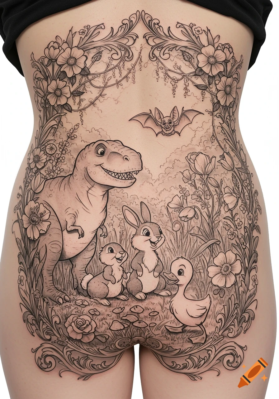 A black-and-grey whimsical tattoo on a woman's lower back, featuring a T-Rex, two bunnies, a duckling, and a bat in a floral garden.