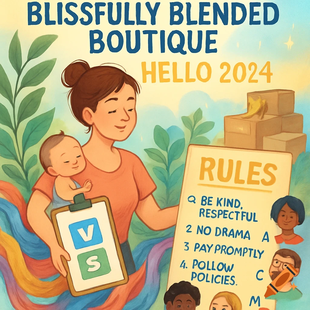 A cartoon illustration of a woman holding a baby and a clipboard, standing next to a "RULES" board. Text reads "BLISSFULLY BLENDED BOUTIQUE HELLO 2024".