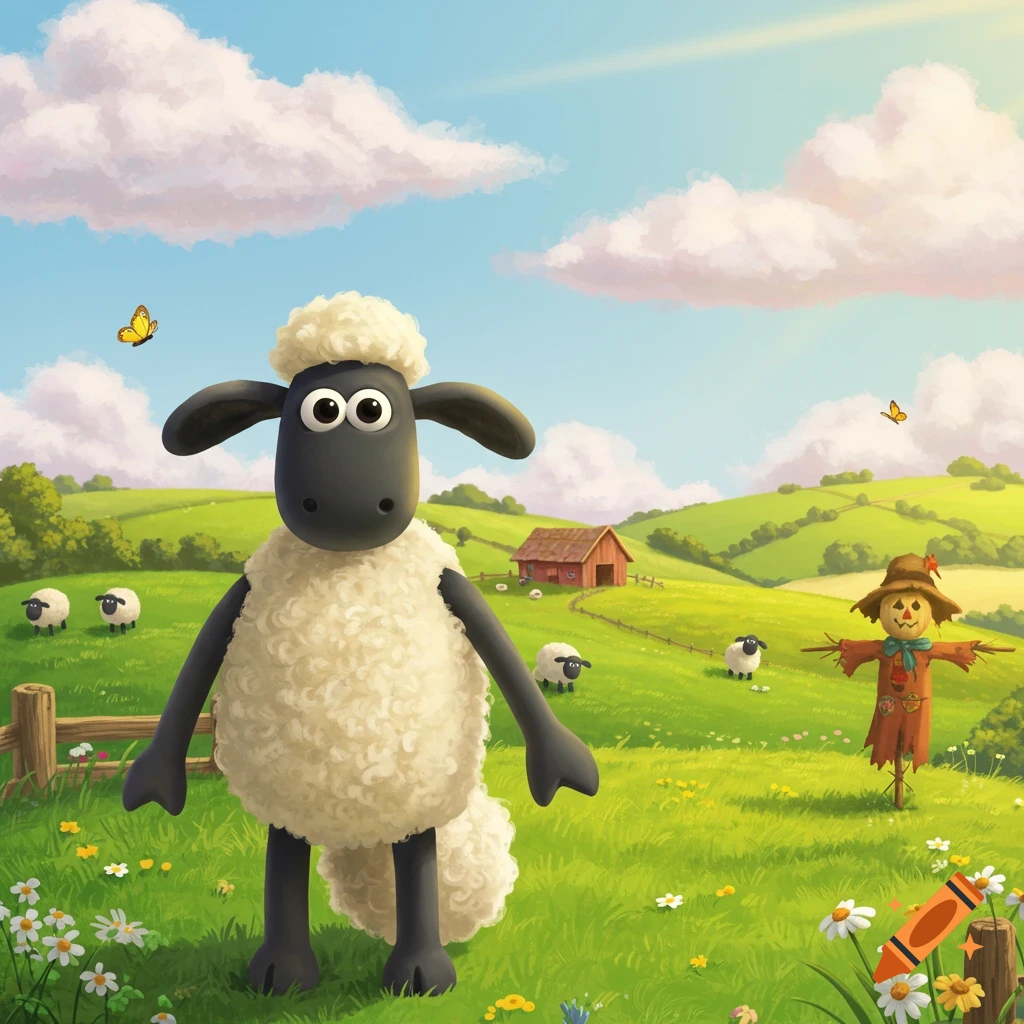 Shaun the Sheep standing in a green field with a red barn and scarecrow, under a blue sky with clouds.