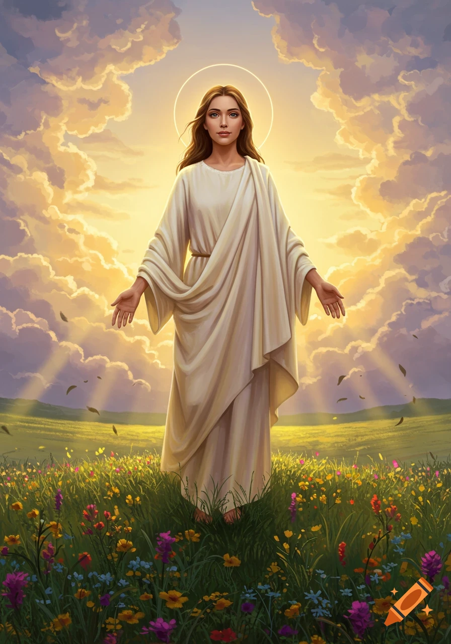 A serene female figure resembling Jesus stands in a vibrant wildflower field, bathed in golden light from a cloudy sky with a halo.