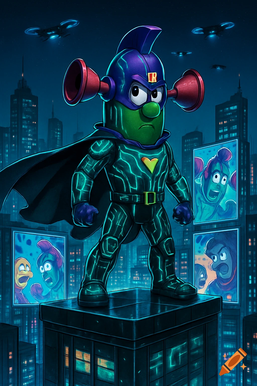 LarryBoy, a green cucumber superhero in a glowing suit, stands on a city rooftop at night with screens showing distressed characters.