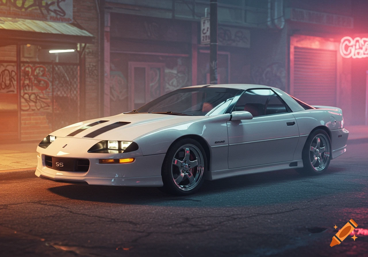 A white 1997 Chevrolet Camaro SS with black stripes on the hood is parked on a city street at night, illuminated by neon lights.