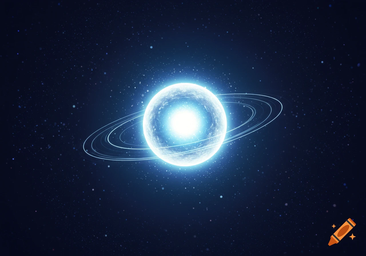 A vibrant blue-white glowing orb with several concentric rings floats in a dark blue, star-filled cosmic space.