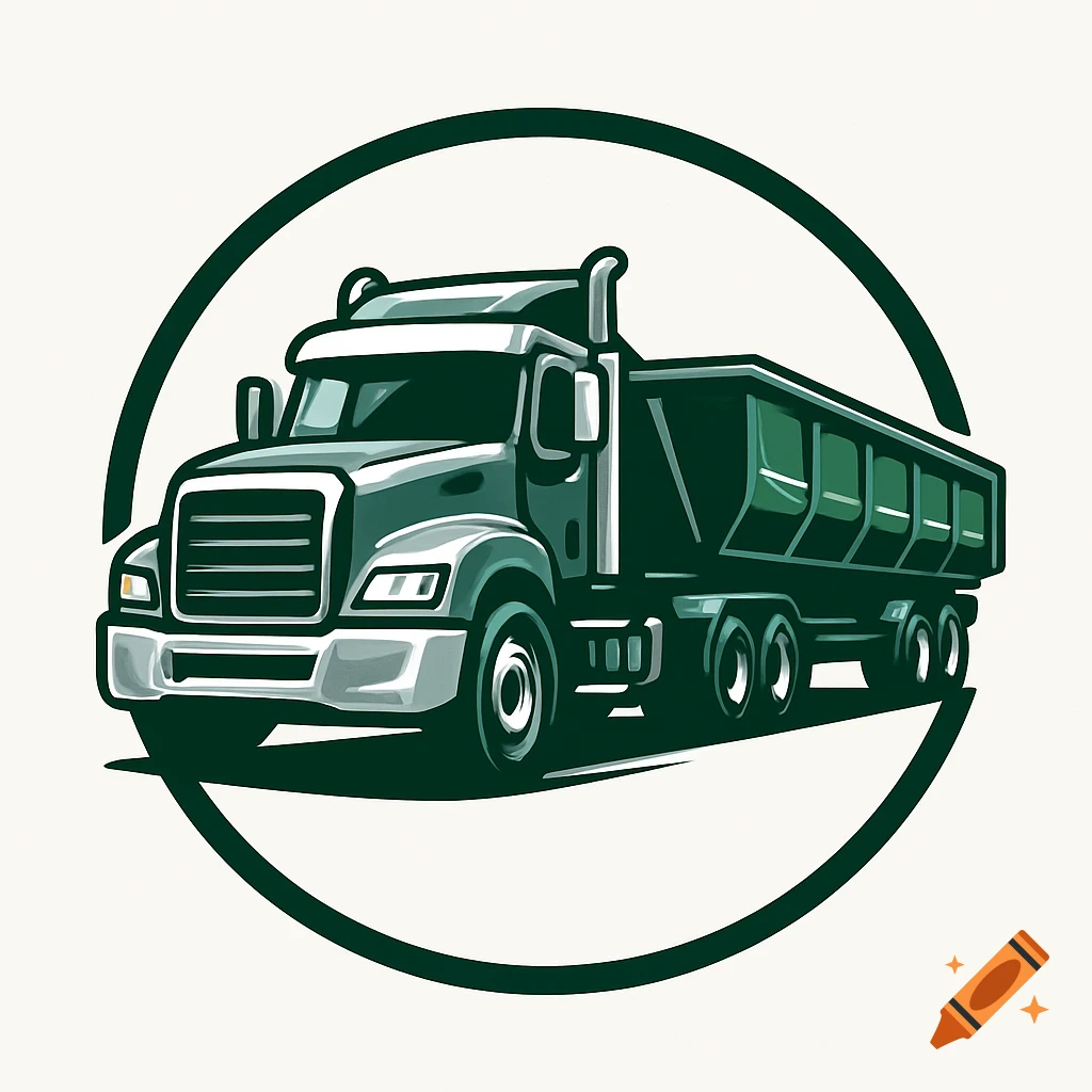 A stylized logo featuring a green and grey dump truck within a dark green circle.