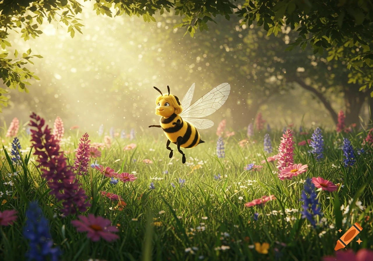 A smiling cartoon bee flies above a sunlit meadow filled with colorful wildflowers, captured in a cinematic style.