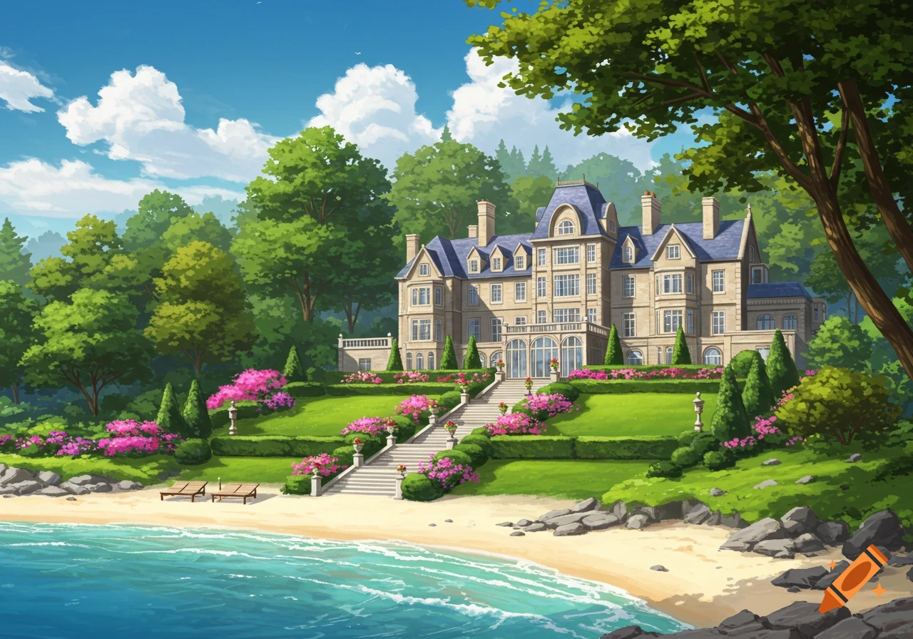 Anime illustration of a grand mansion with gardens and a long staircase leading to a sandy beach and turquoise ocean.