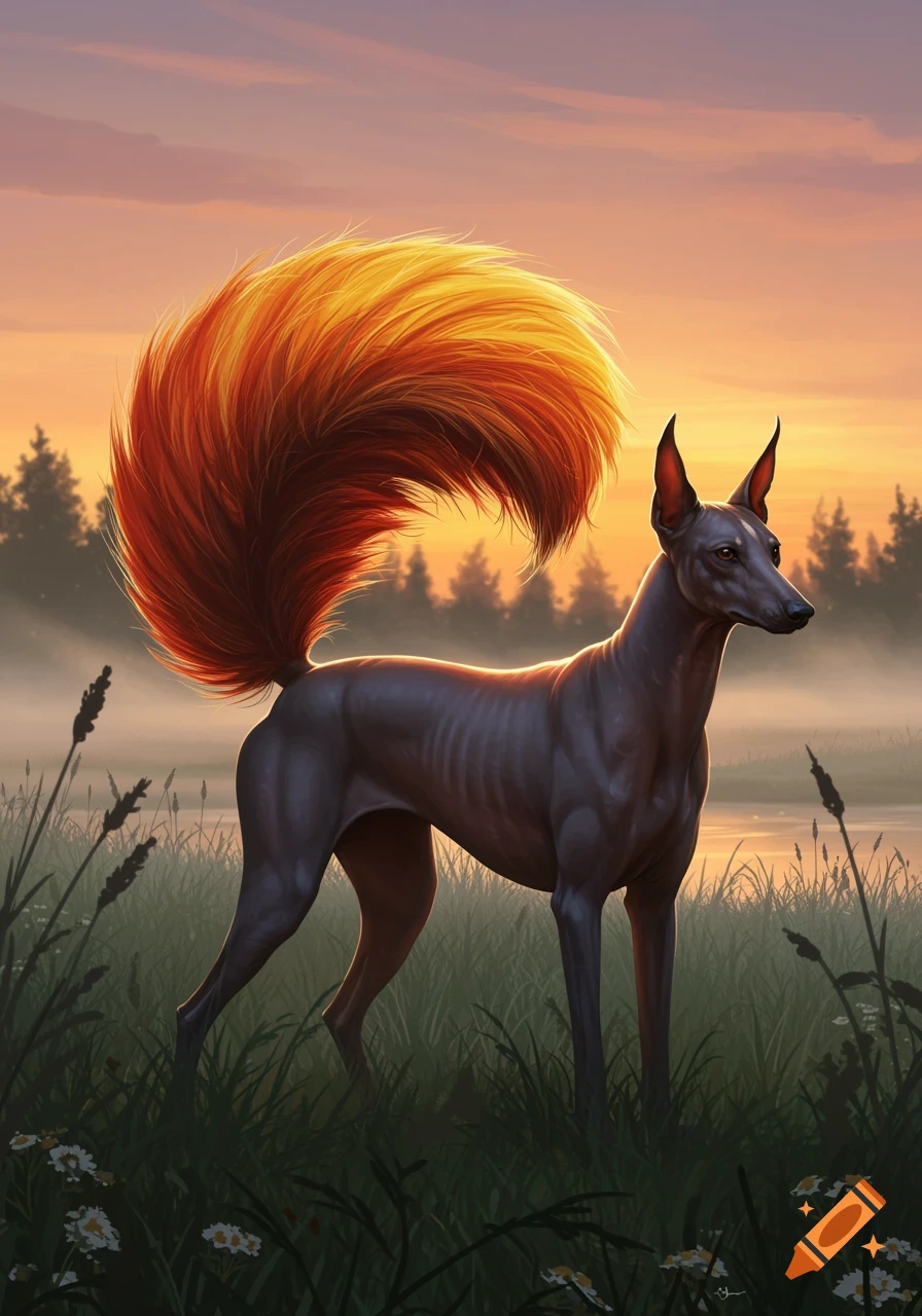 A hairless dog with a large, fiery orange and yellow tail stands in a misty field at sunrise, digital art.