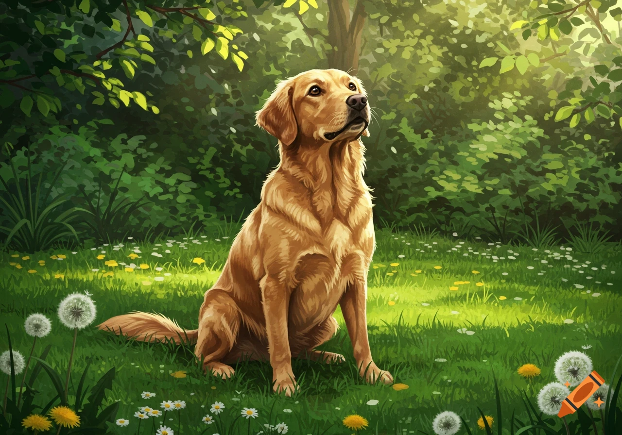 A golden retriever dog sits in a sunny green field with flowers and trees, in a detailed illustration style.