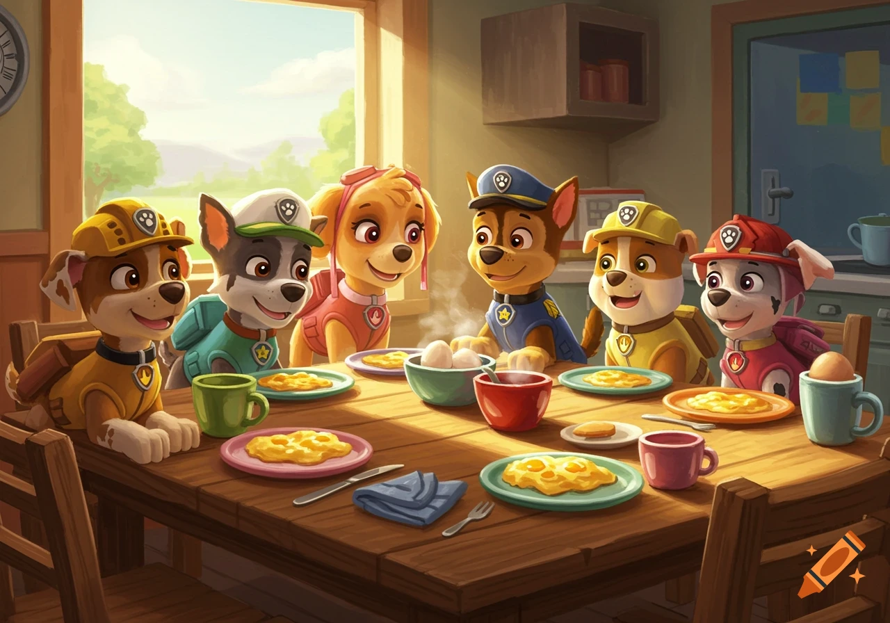 Paw Patrol pups having breakfast around a wooden table, with plates of scrambled eggs and steaming mugs.