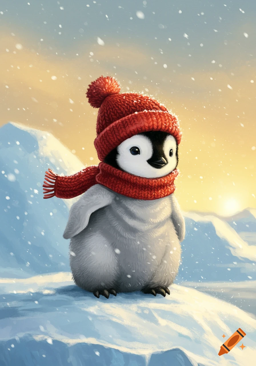 A cute baby penguin wearing a red knitted hat and scarf stands in a snowy landscape with falling snow and mountains.