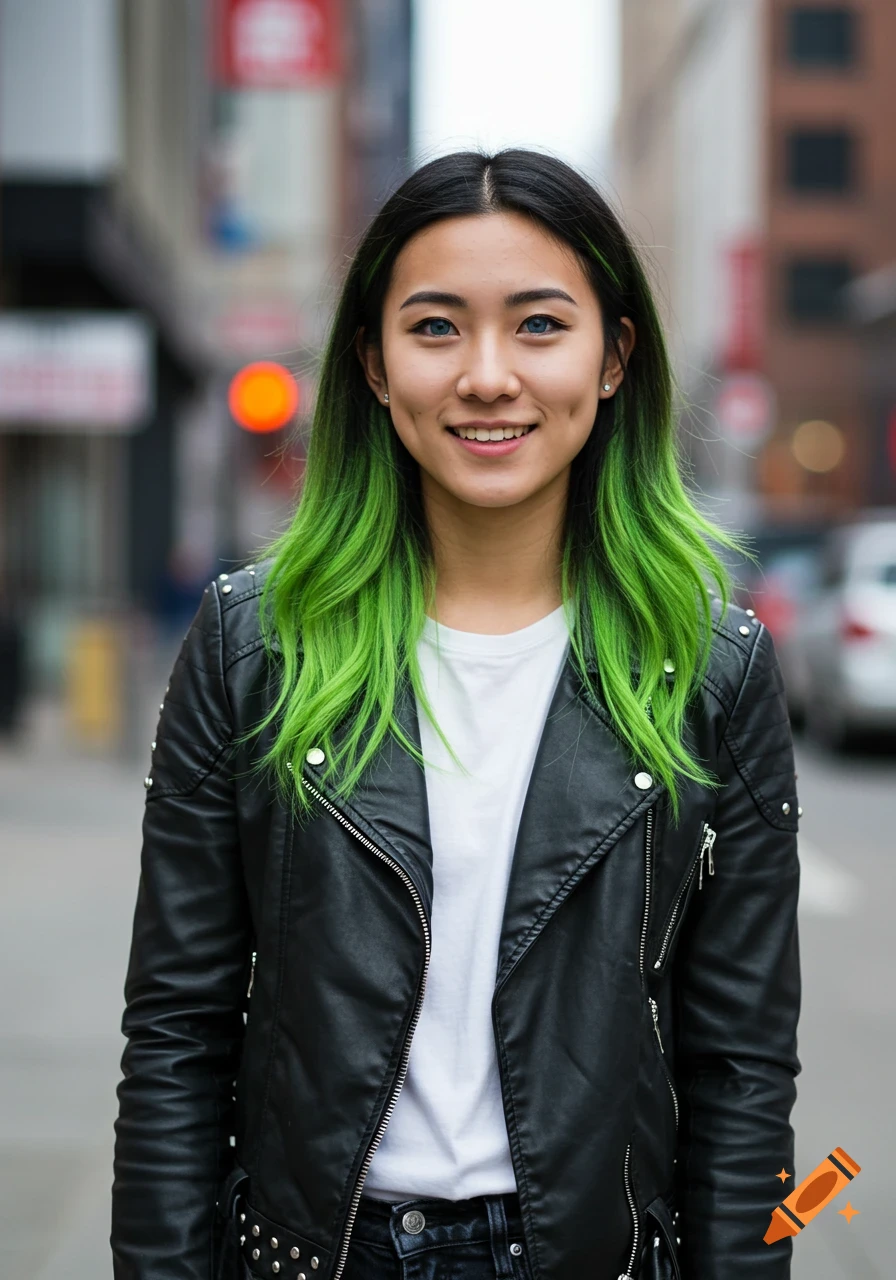 A young Asian woman with blue eyes and lime green hair smiles, wearing a black leather jacket over a white t-shirt on a city street.