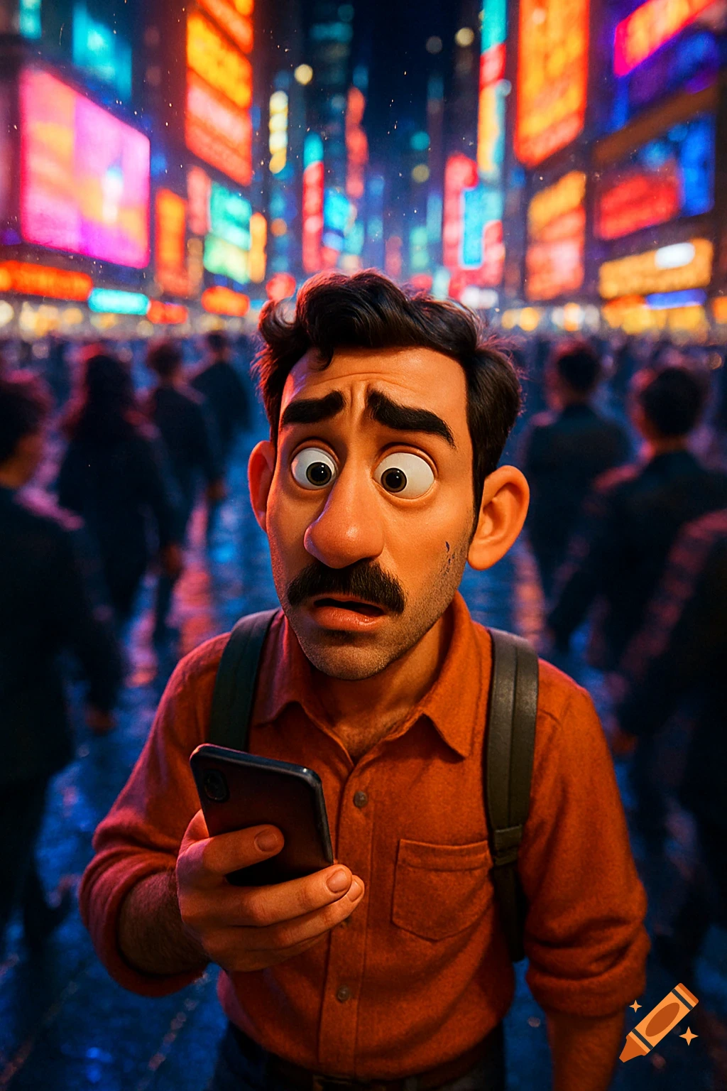A wide-eyed cartoon man holding a phone, looking overwhelmed in a glowing, crowded night city street, in Pixar 3D animation style.