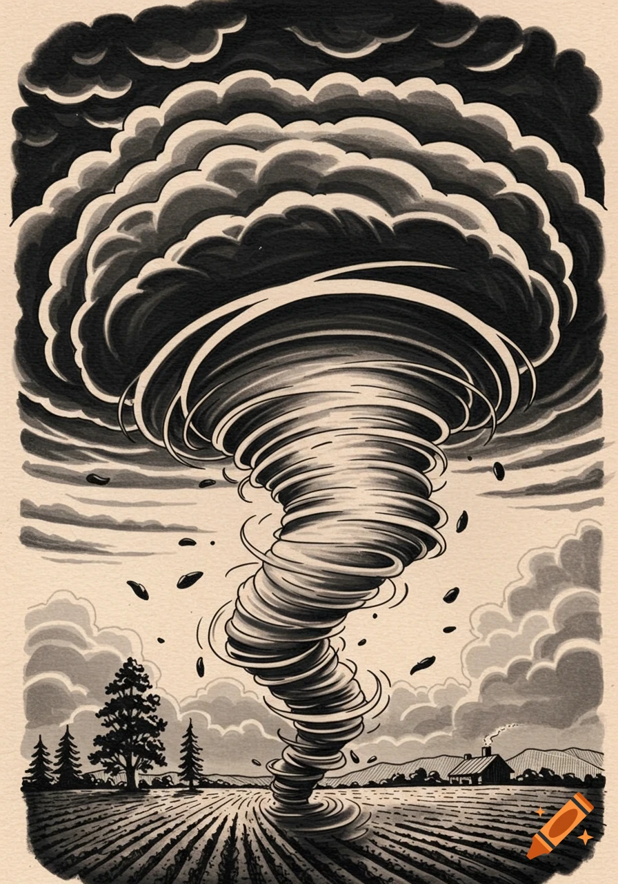 A black and white tattoo design of a tornado swirling over a rural field with trees and a house, under dark storm clouds.