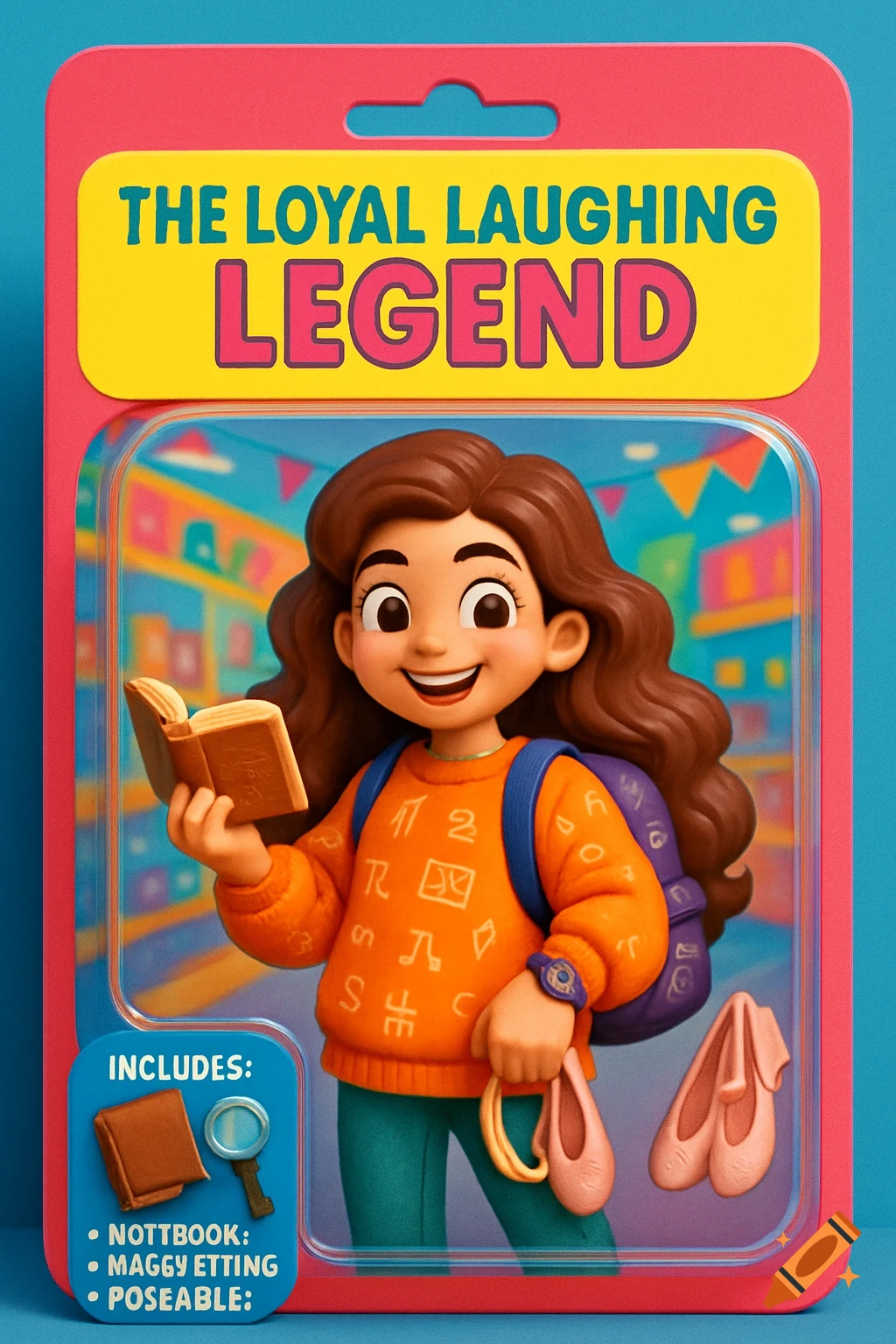 A stylized action figure of a girl with brown hair, holding a book and ballet shoes, inside a package labeled "The Loyal Laughing Legend" with accessories.