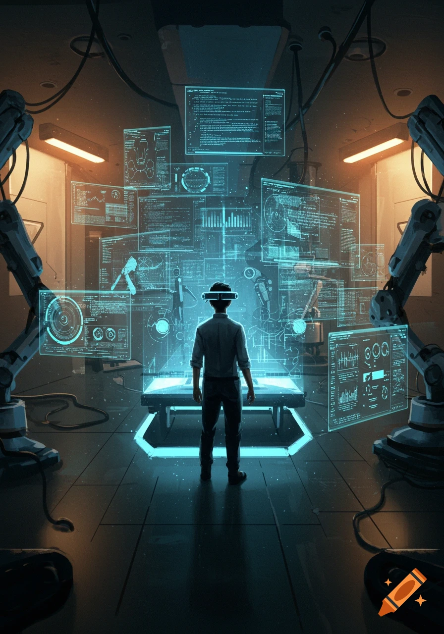 A person in a futuristic lab wearing a VR headset, surrounded by numerous glowing blue holographic screens displaying data and code.