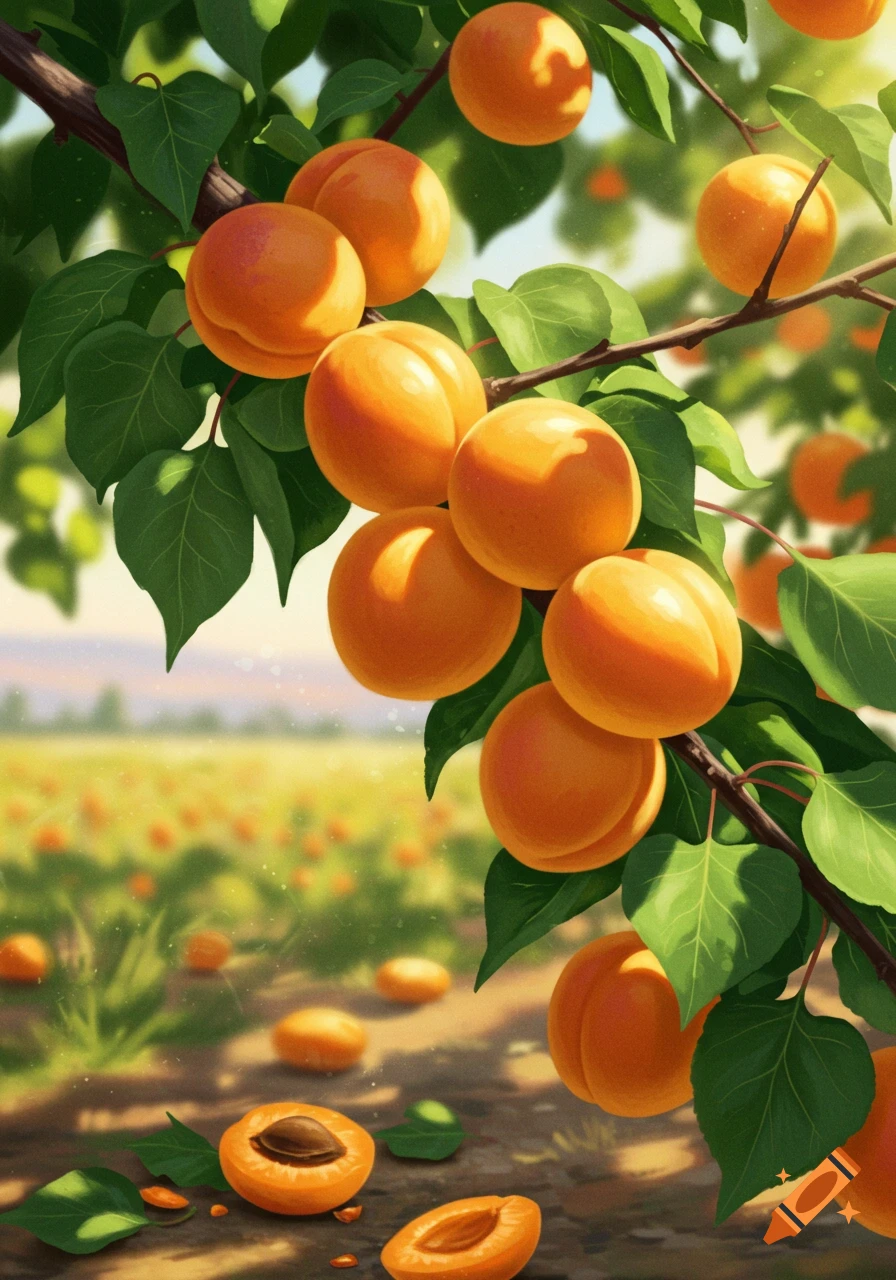 Close-up of ripe orange apricots hanging from a tree branch in a sunny orchard, with some fallen fruit on the ground.