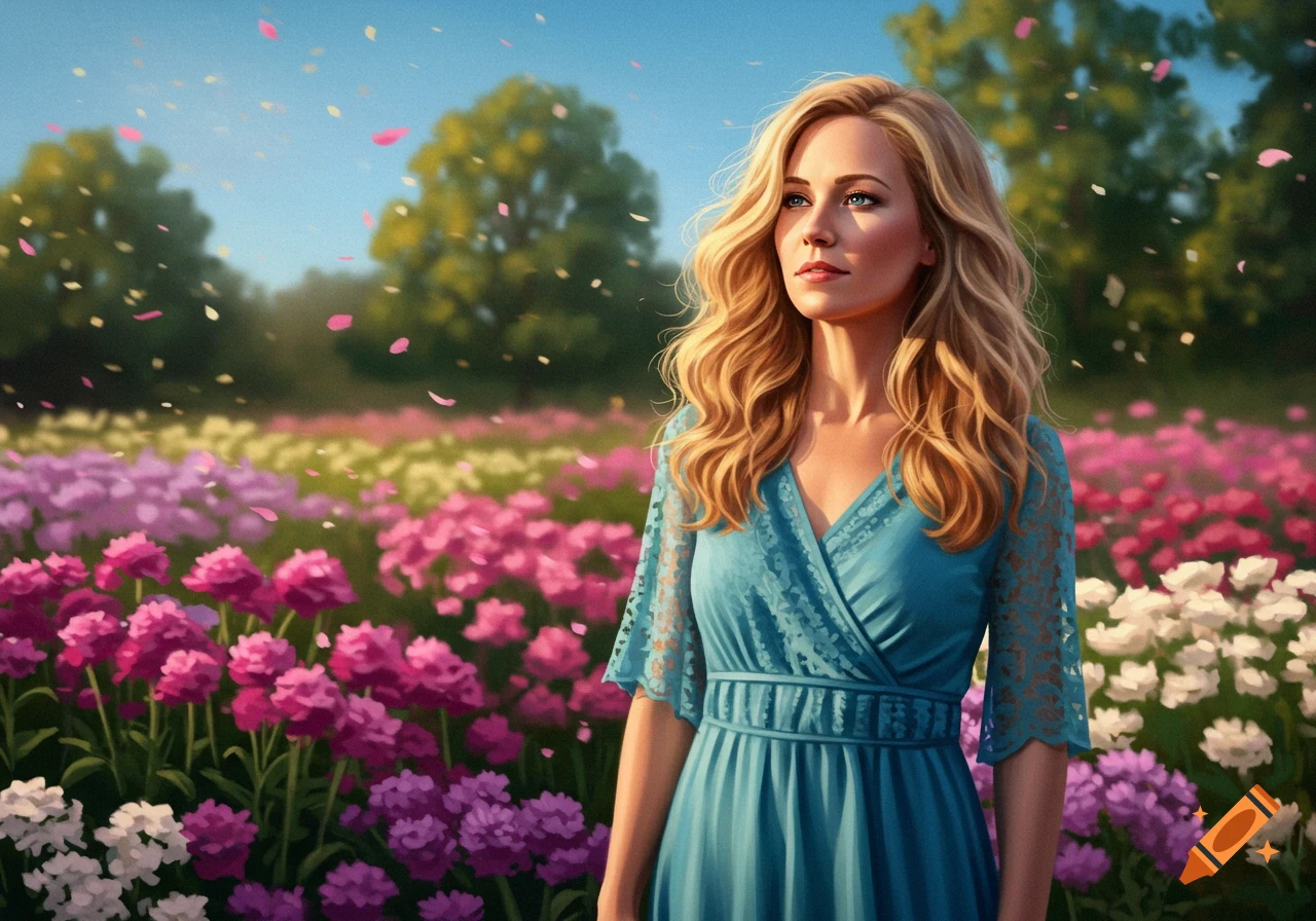A blonde woman in a blue dress stands in a vibrant field of pink, purple, and white flowers with petals falling, looking towards the sky.