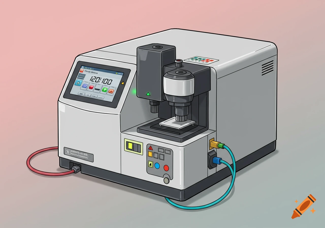 A gray scientific spectrophotometer machine with a digital screen, colored buttons, and connected wires, in a clip art style.