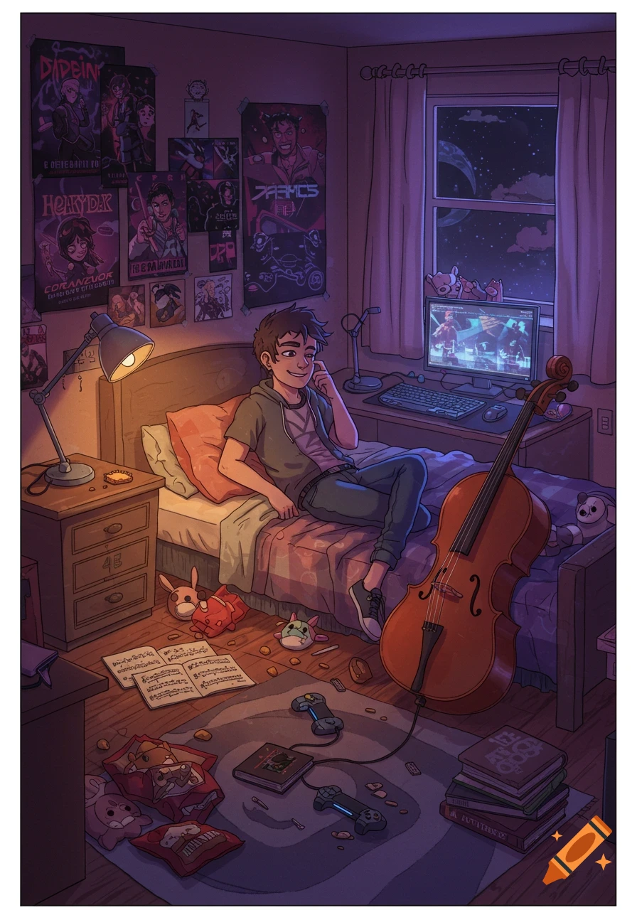 A smiling teenager with brown hair lounges on a bed in a cozy, cluttered room filled with posters, a cello, gaming controllers, and sheet music. A full moon is visible outside the window.