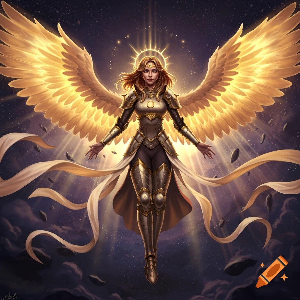 A powerful female angelic warrior with golden wings and armor hovers in a cosmic setting, radiating light.