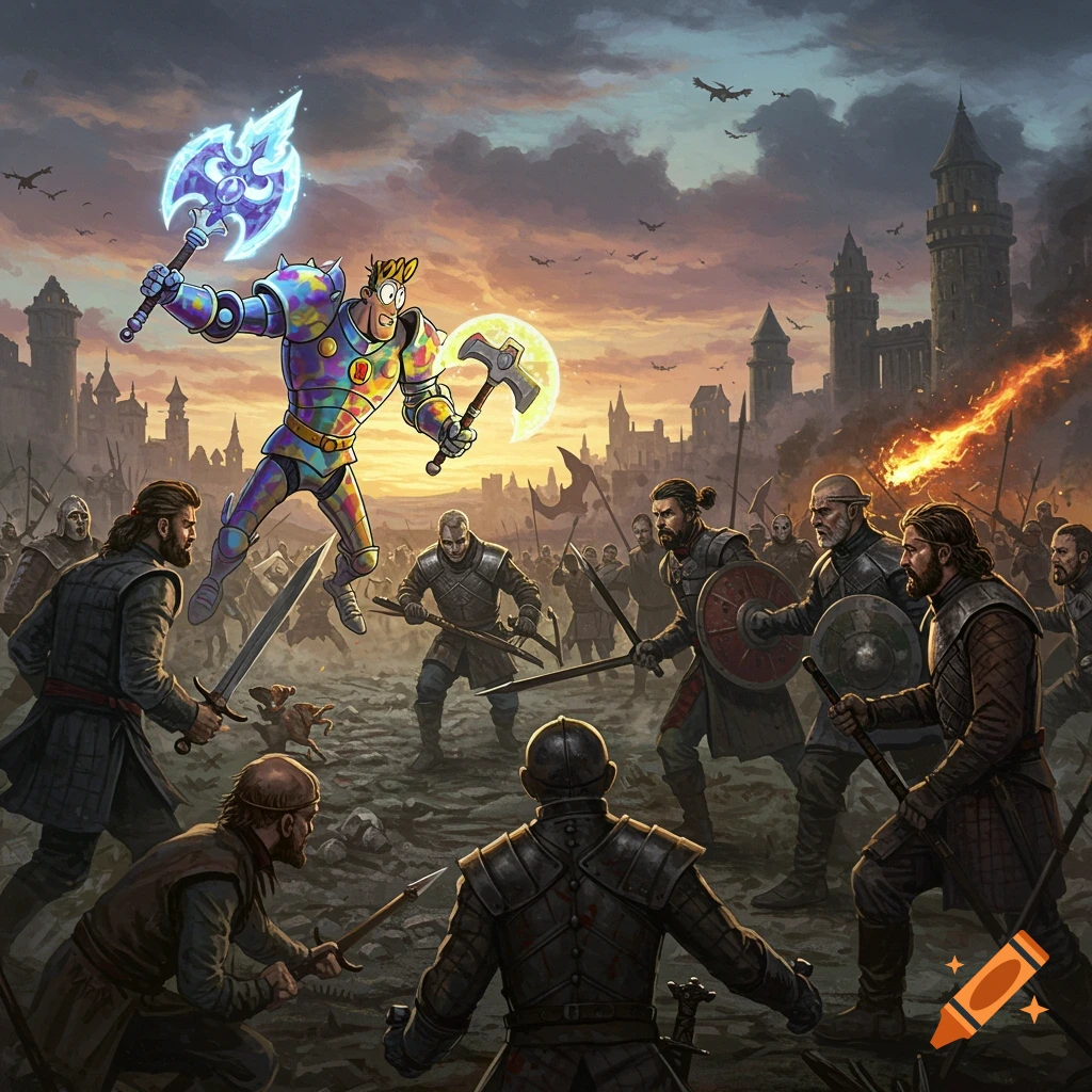 A vibrant cartoon character in colorful armor battles medieval knights on a battlefield with castles and a dramatic sky at sunset.